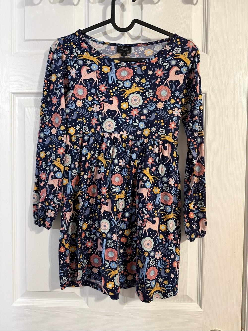 Girls Navy Floral & Unicorn Long-Sleeve Dress